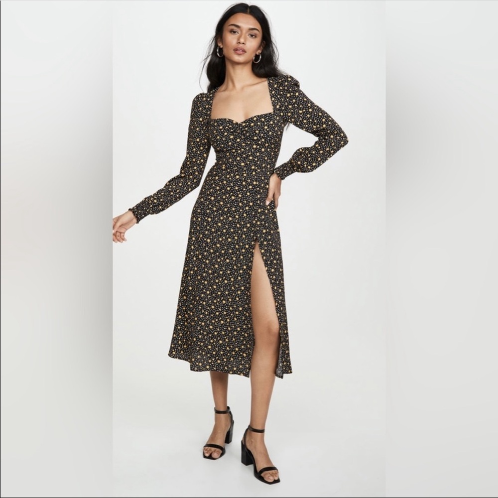 Reformation Carolina dress in wallflower long sleeve black dress yellow flower